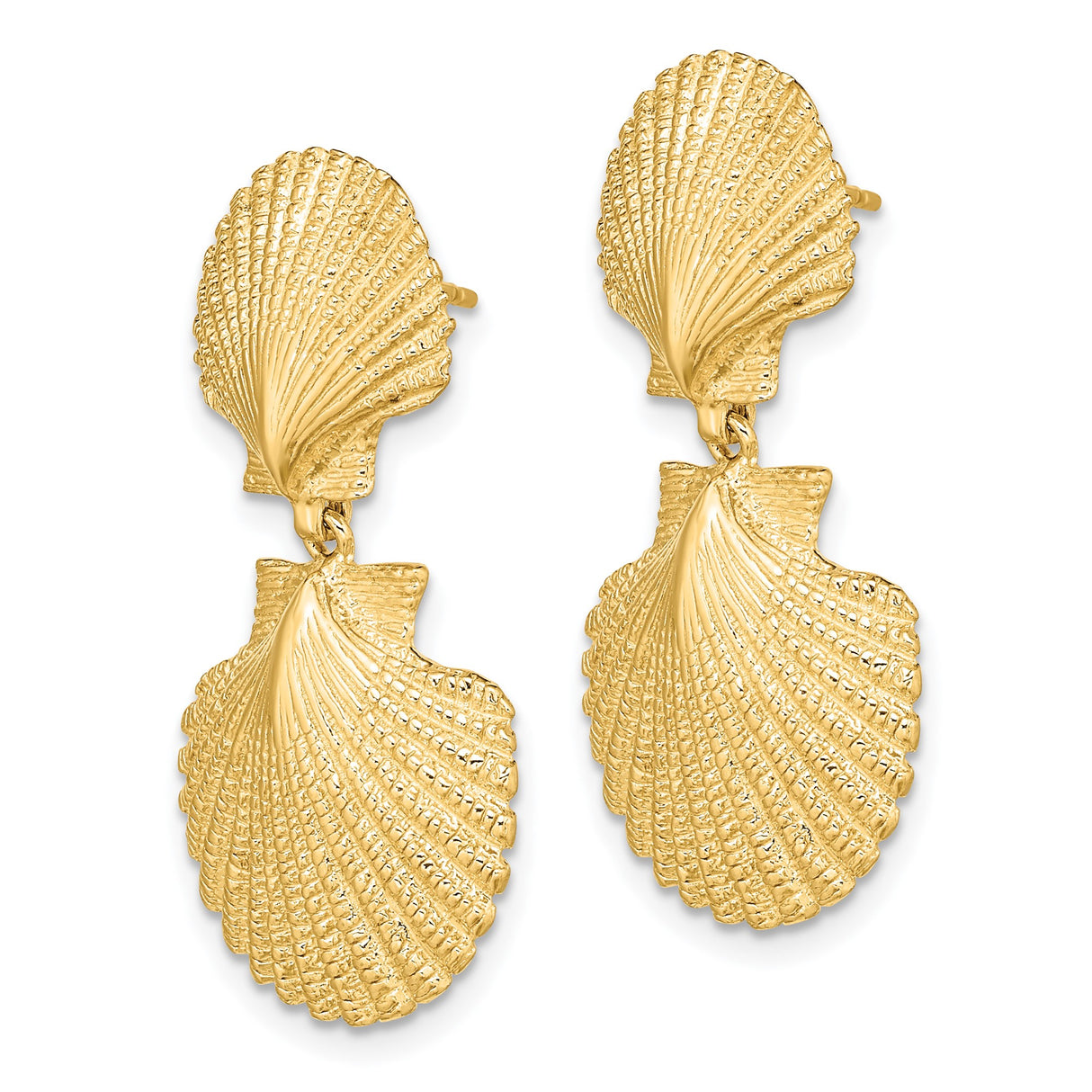 14k Yellow Gold Dangle Earrings with Double Scallop Shell Design, Coastal Ocean Motif