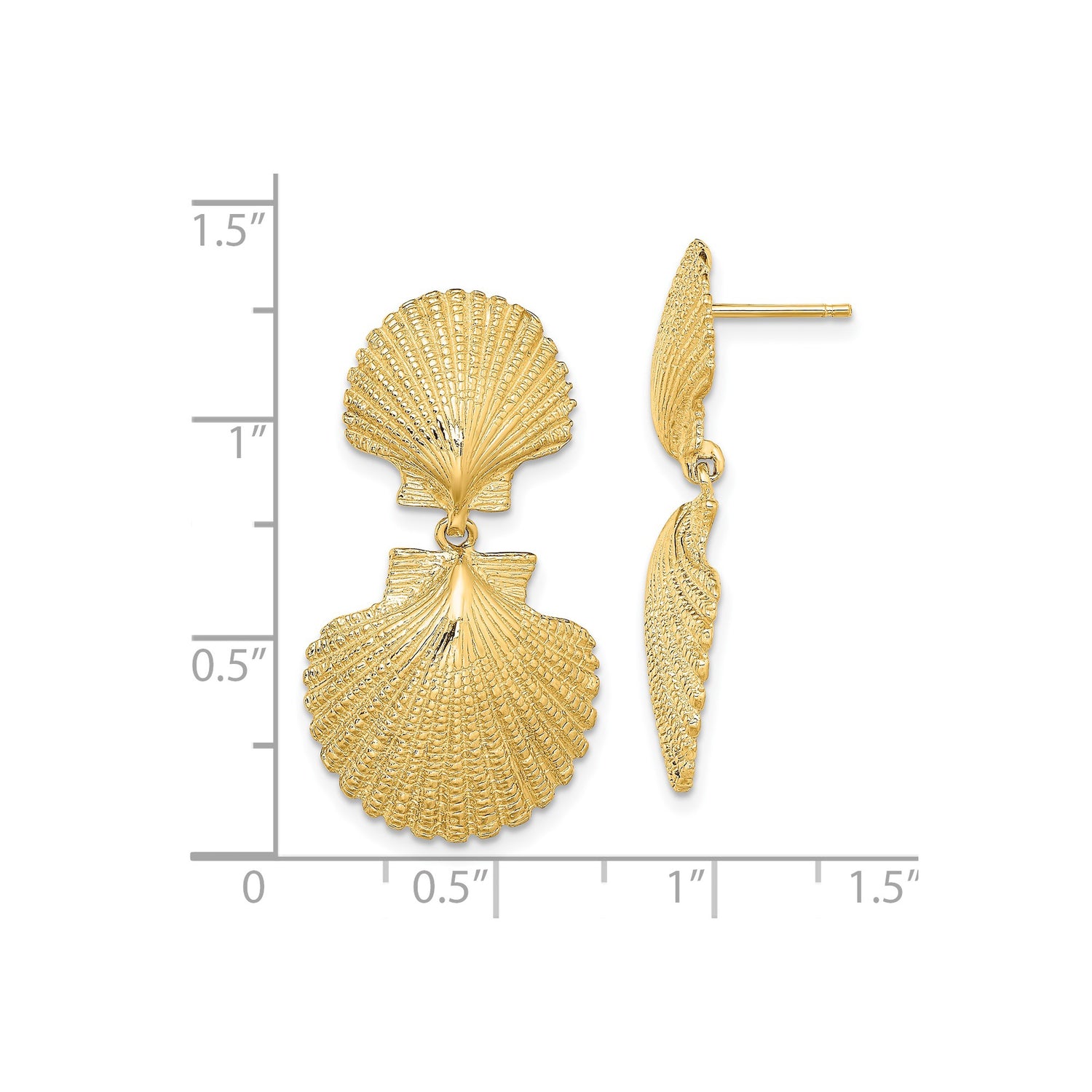 14k Yellow Gold Dangle Earrings with Double Scallop Shell Design, Coastal Ocean Motif