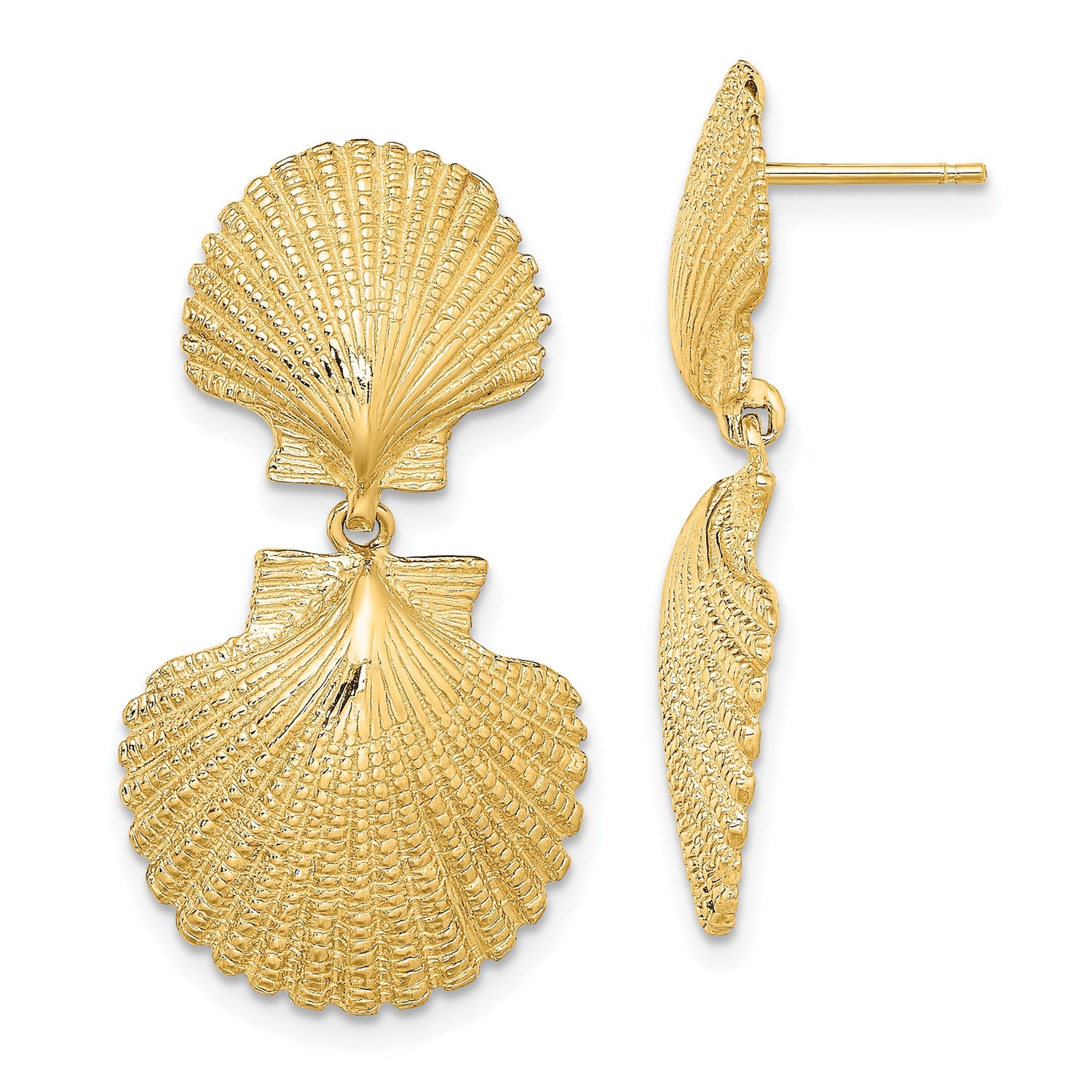 14k Yellow Gold Dangle Earrings with Double Scallop Shell Design, Coastal Ocean Motif