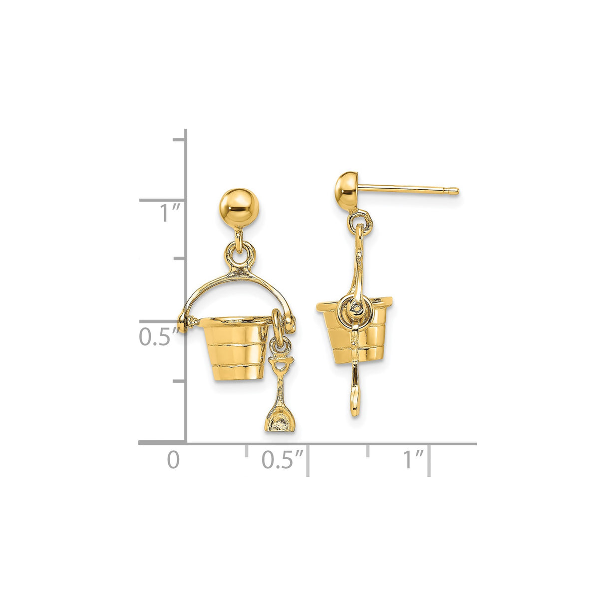 14k Yellow Gold Dangle Earrings with 3D Beach Bucket and Shovel Charm, Summer Theme