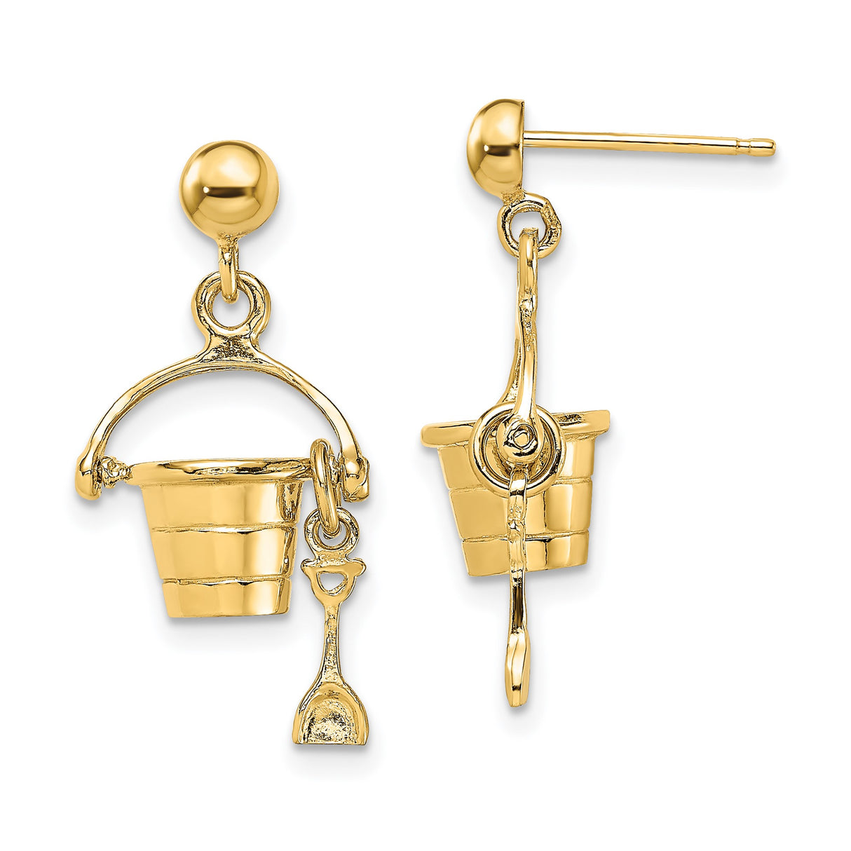14k Yellow Gold Dangle Earrings with 3D Beach Bucket and Shovel Charm, Summer Theme