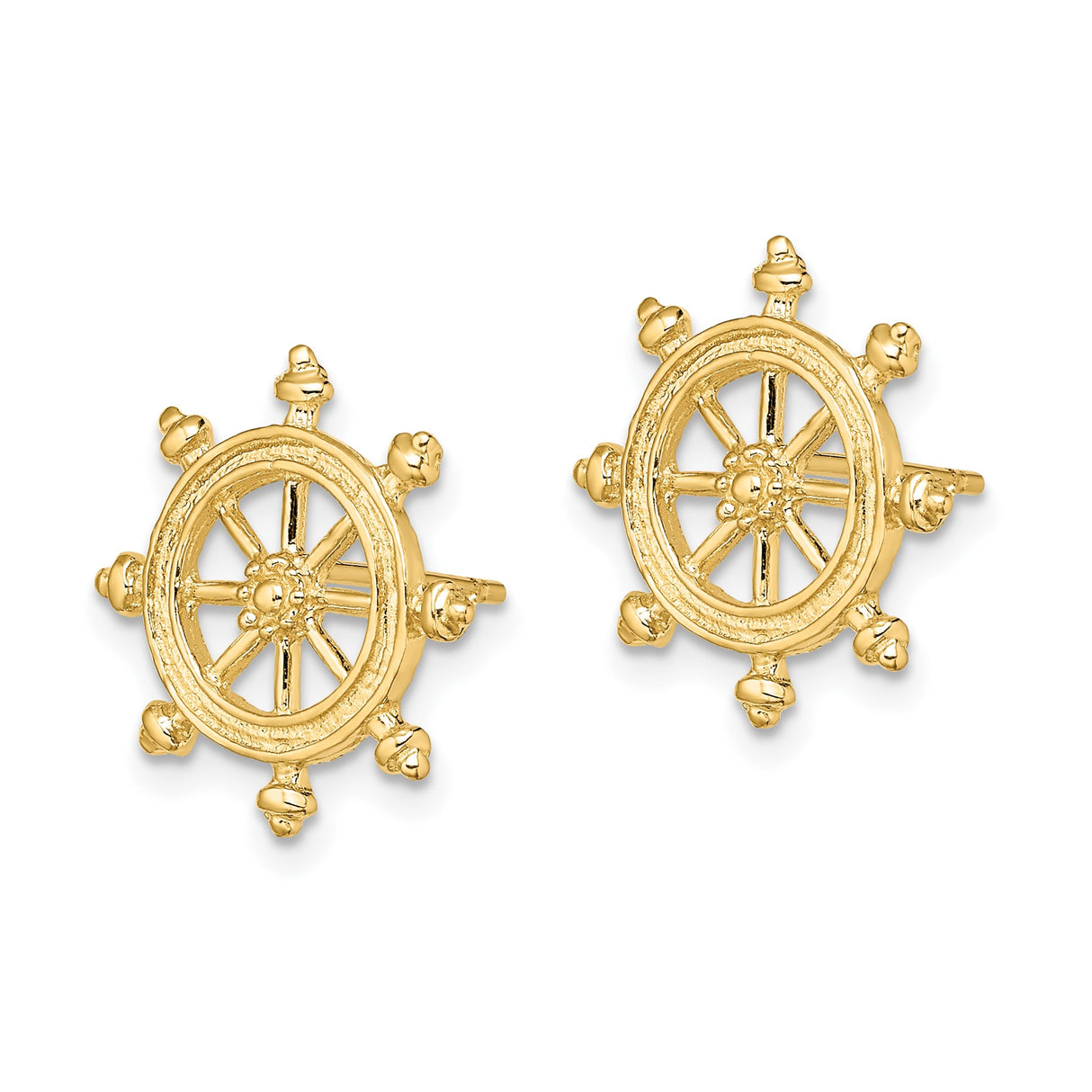 14k Yellow Gold Ship Wheel Stud Earrings, Nautical Helm Design for Women or Unisex Wear