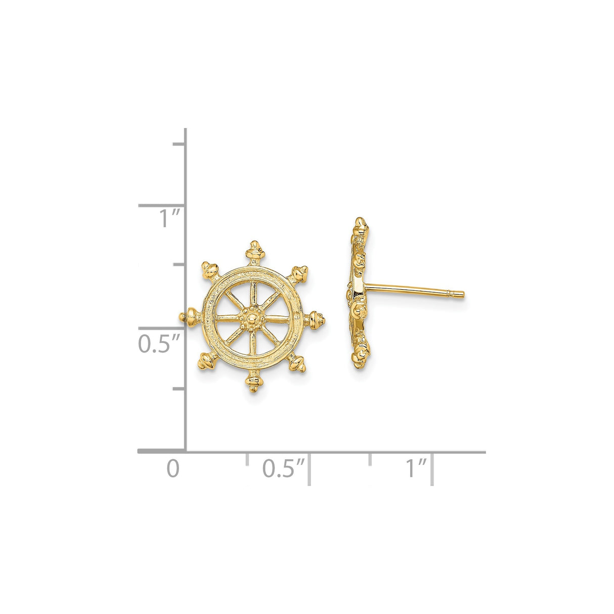 14k Yellow Gold Ship Wheel Stud Earrings, Nautical Helm Design for Women or Unisex Wear