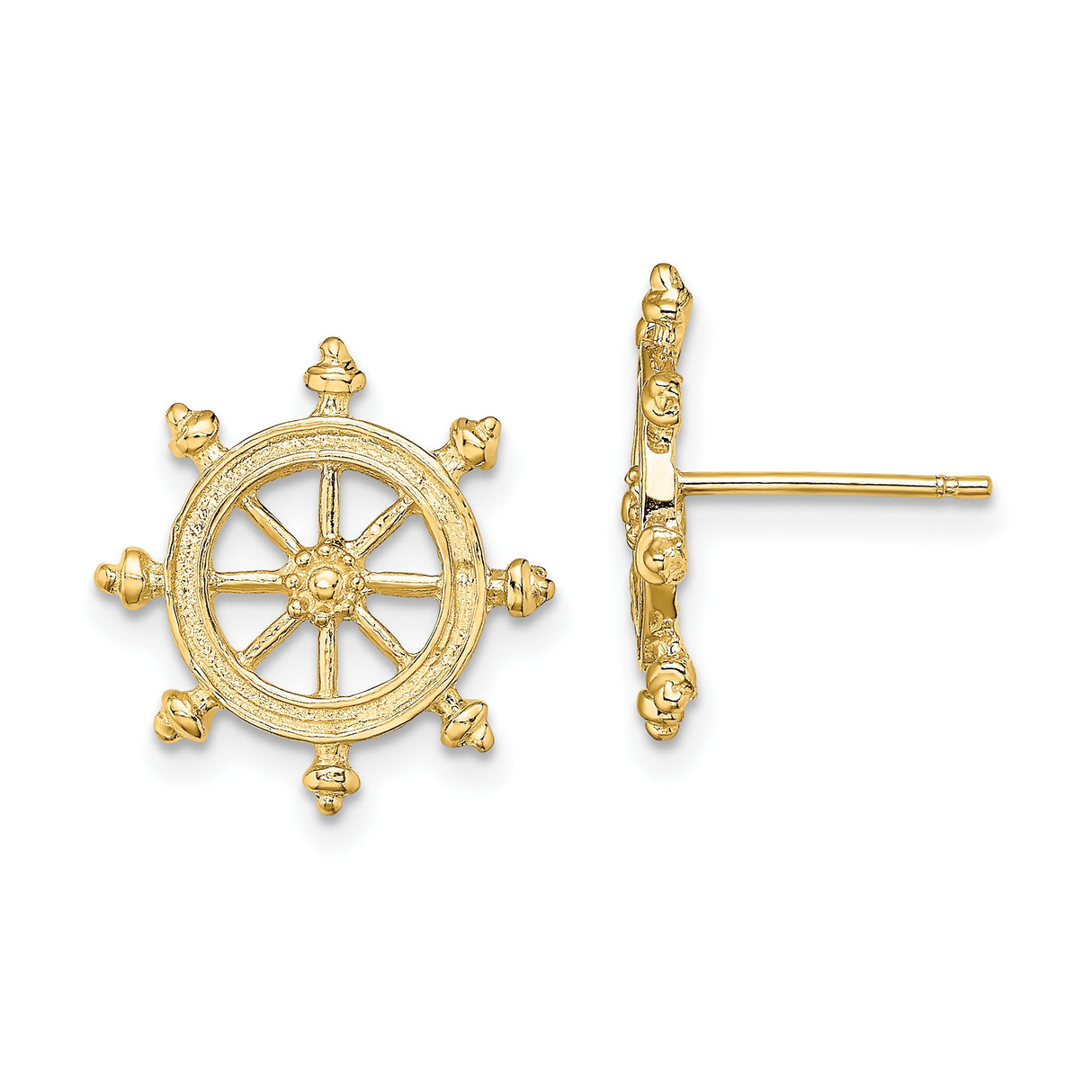 14k Yellow Gold Ship Wheel Stud Earrings, Nautical Helm Design for Women or Unisex Wear