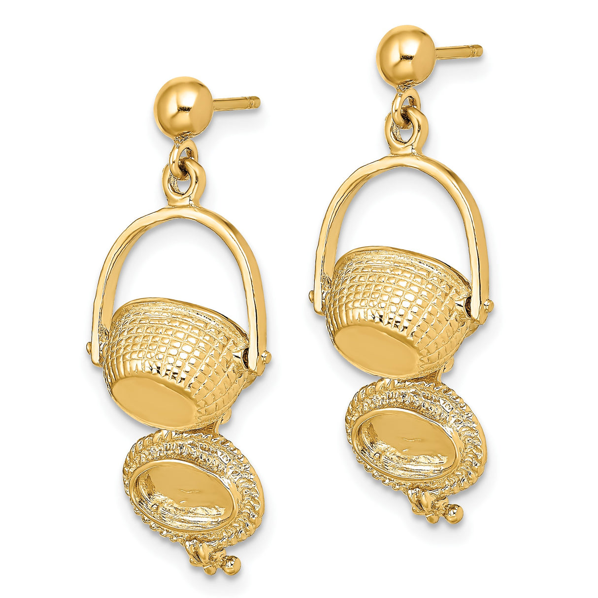 14k Yellow Gold Nantucket Basket Dangle Earrings with Hinged Lid and Woven Detail