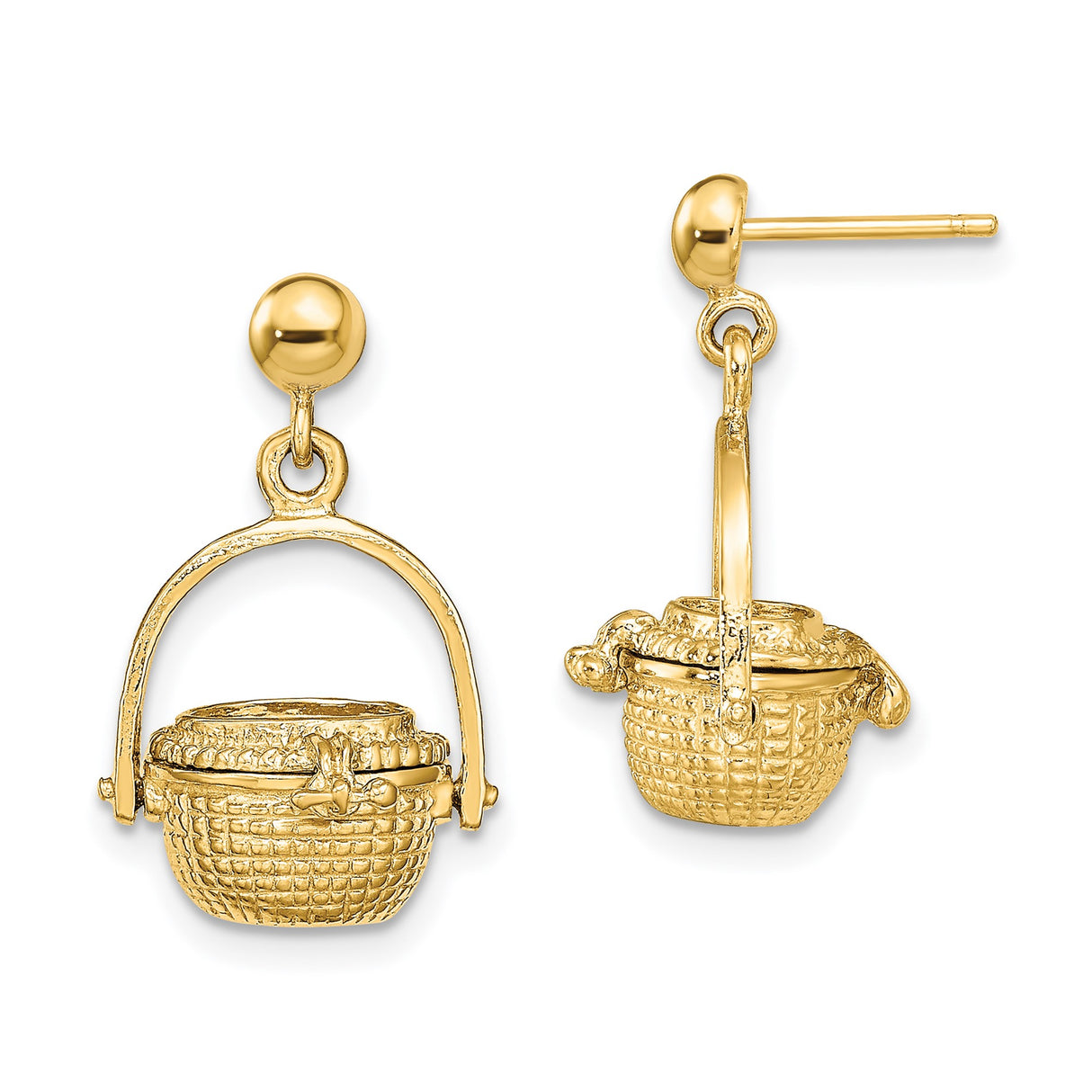 14k Yellow Gold Nantucket Basket Dangle Earrings with Hinged Lid and Woven Detail