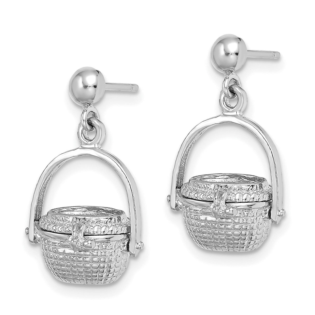 14k White Gold Basket Charm Earrings with Lid and Handle, Woven Harvest Design for Women