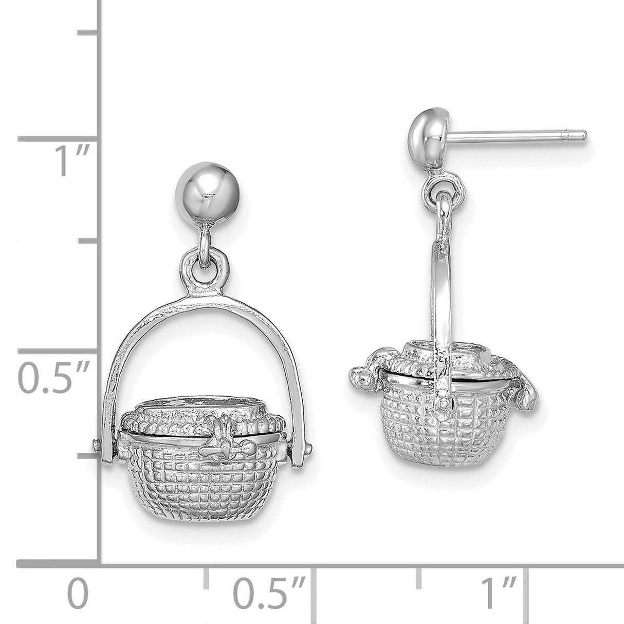14k White Gold Basket Charm Earrings with Lid and Handle, Woven Harvest Design for Women