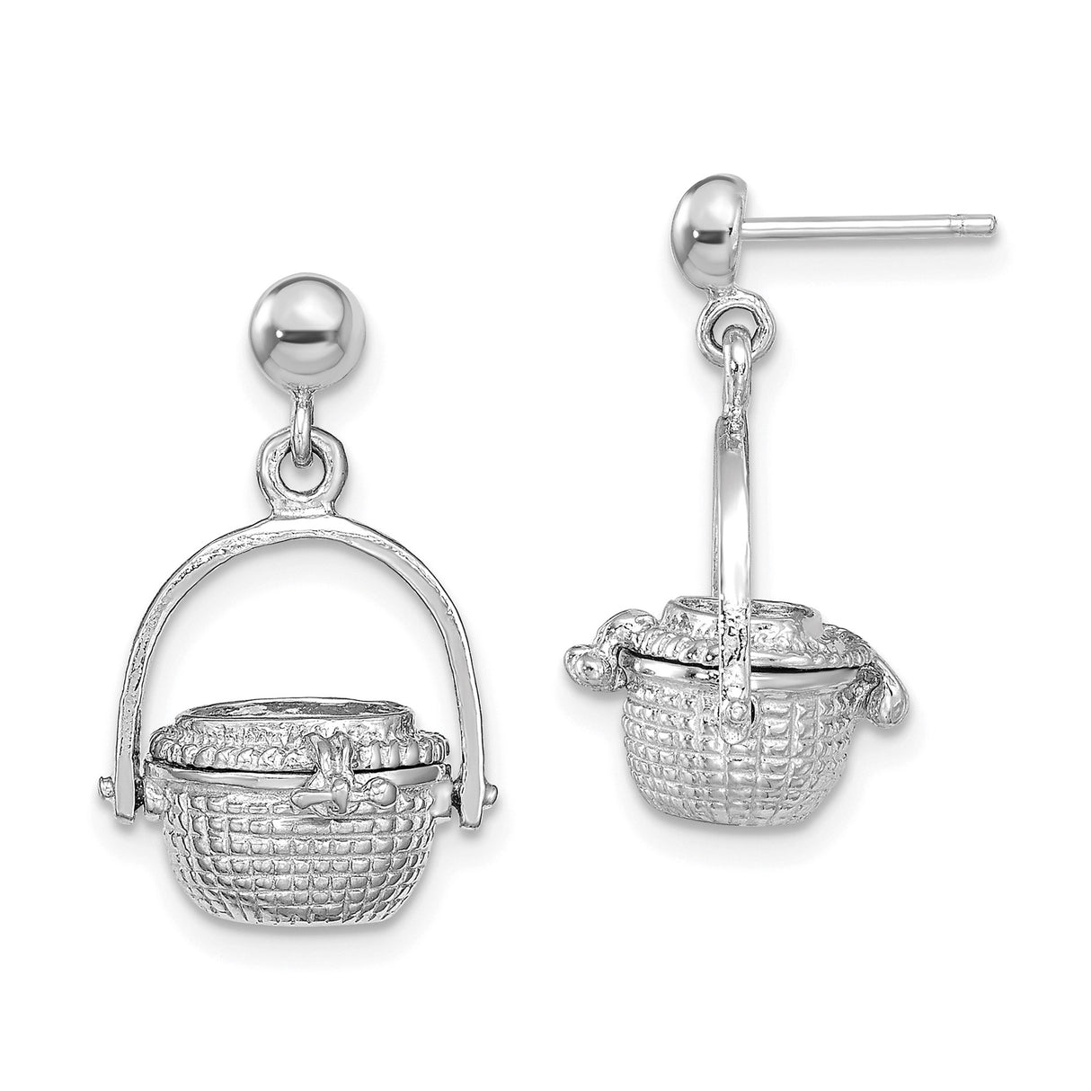 14k White Gold Basket Charm Earrings with Lid and Handle, Woven Harvest Design for Women