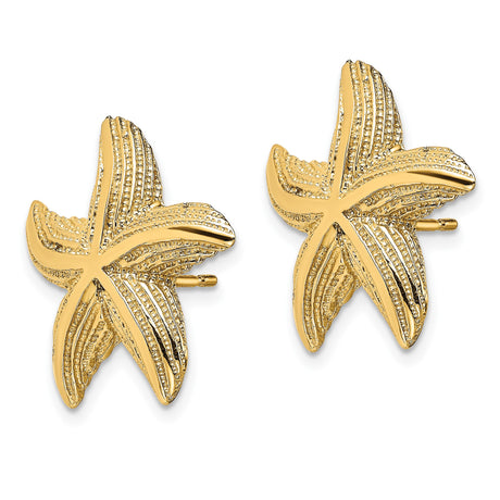 14k Yellow Gold Starfish Stud Earrings, Textured Nautical Beach Style for Women