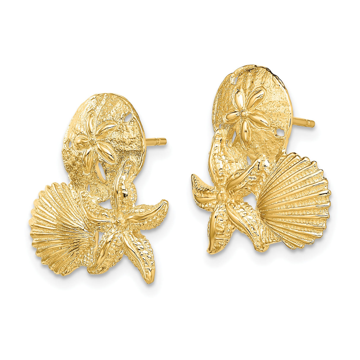 14k Yellow Gold Stud Earrings with Sand Dollar, Starfish, and Seashell Design