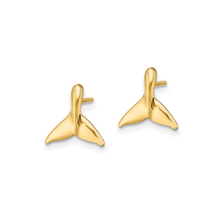 14k Yellow Gold Whale Tail Stud Earrings, Minimalist Nautical Ocean Theme for Women