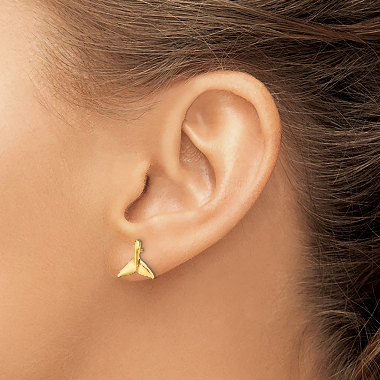 14k Yellow Gold Whale Tail Stud Earrings, Minimalist Nautical Ocean Theme for Women