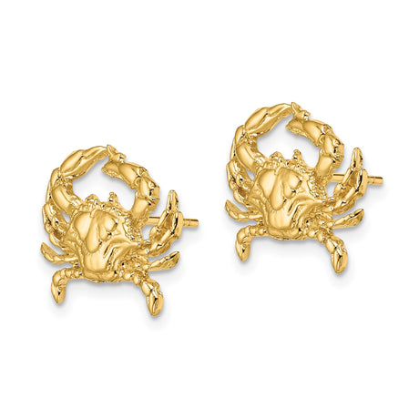 14k Yellow Gold Crab Stud Earrings, Nautical Style with Cancer Zodiac Symbol for Women