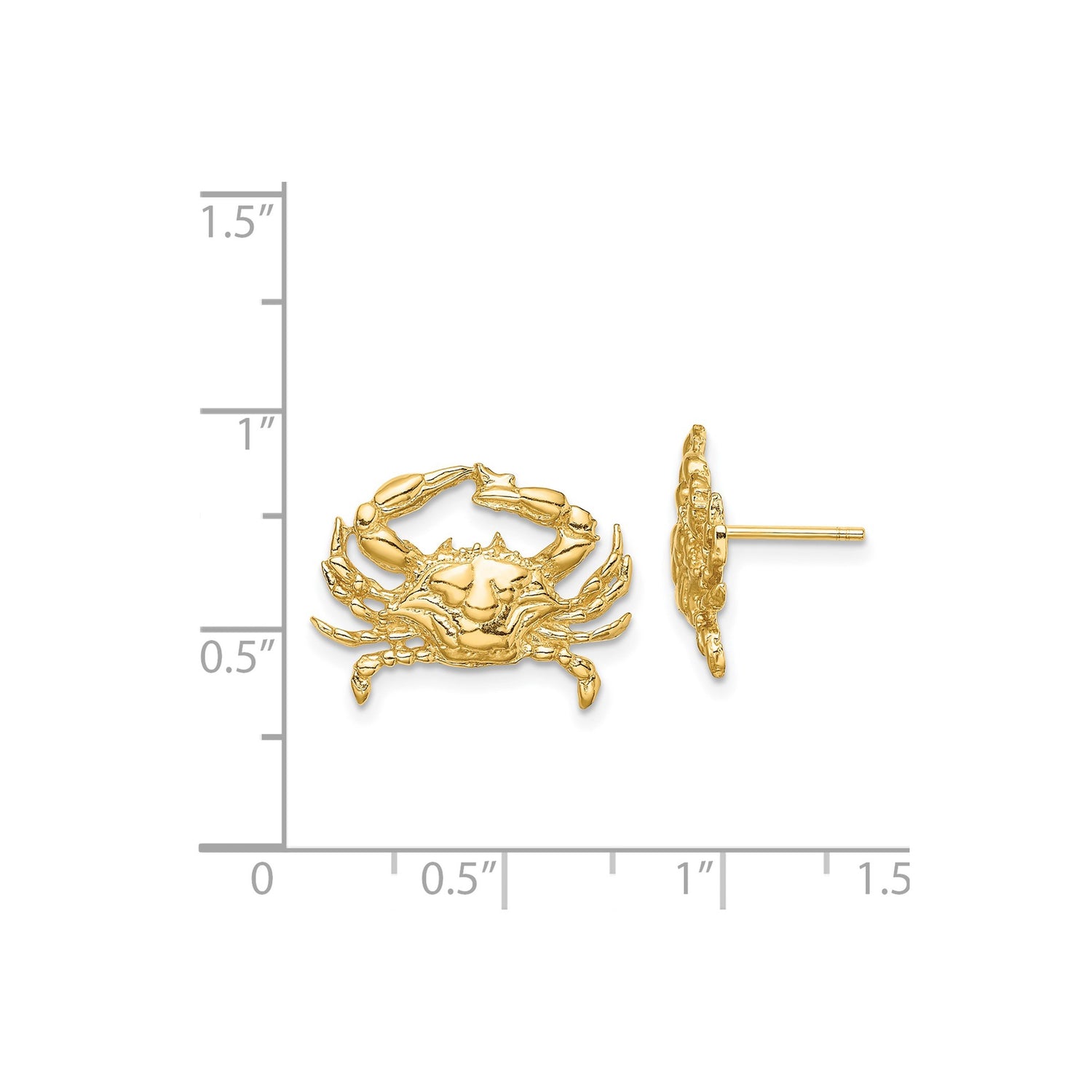 14k Yellow Gold Crab Stud Earrings, Nautical Style with Cancer Zodiac Symbol for Women