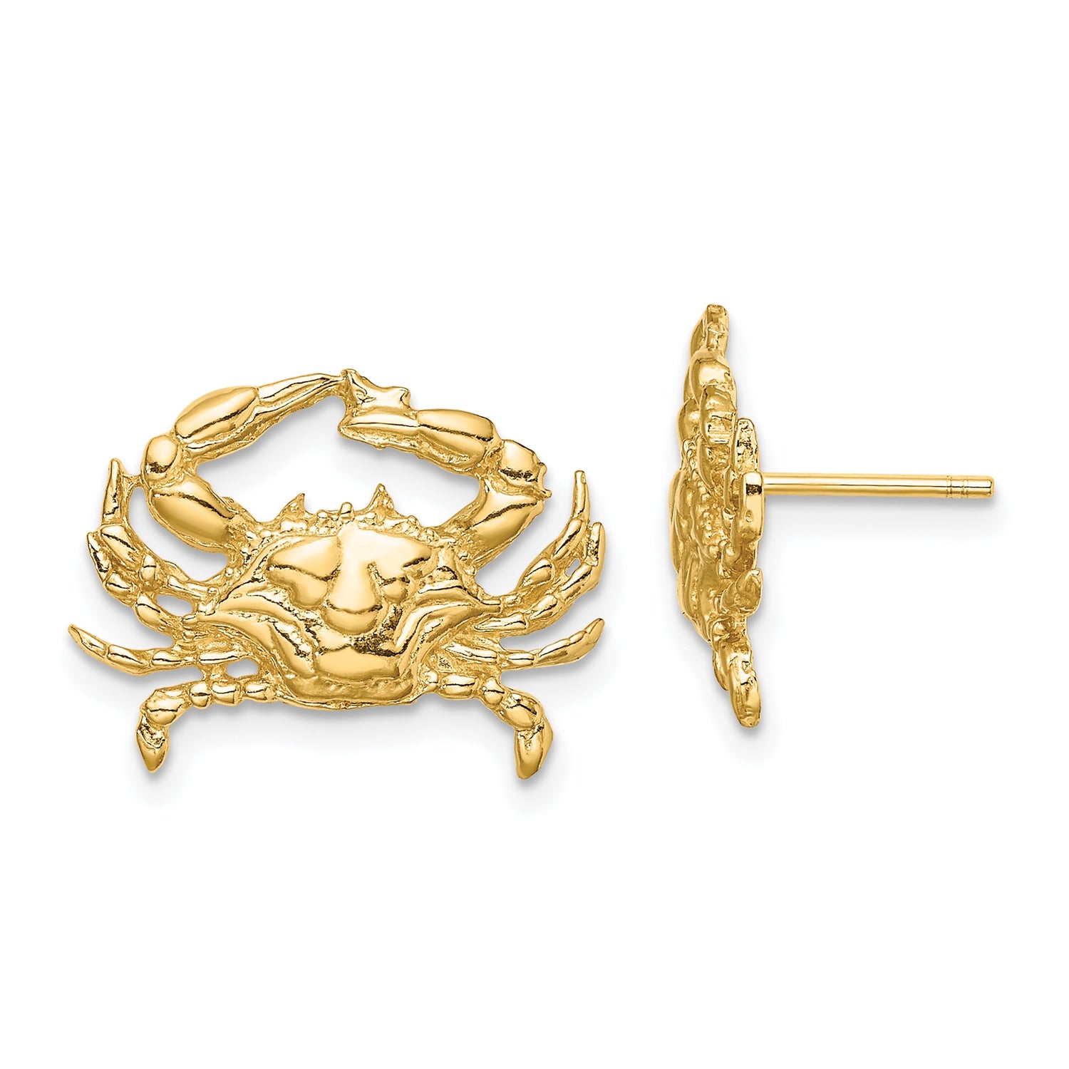 14k Yellow Gold Crab Stud Earrings, Nautical Style with Cancer Zodiac Symbol for Women