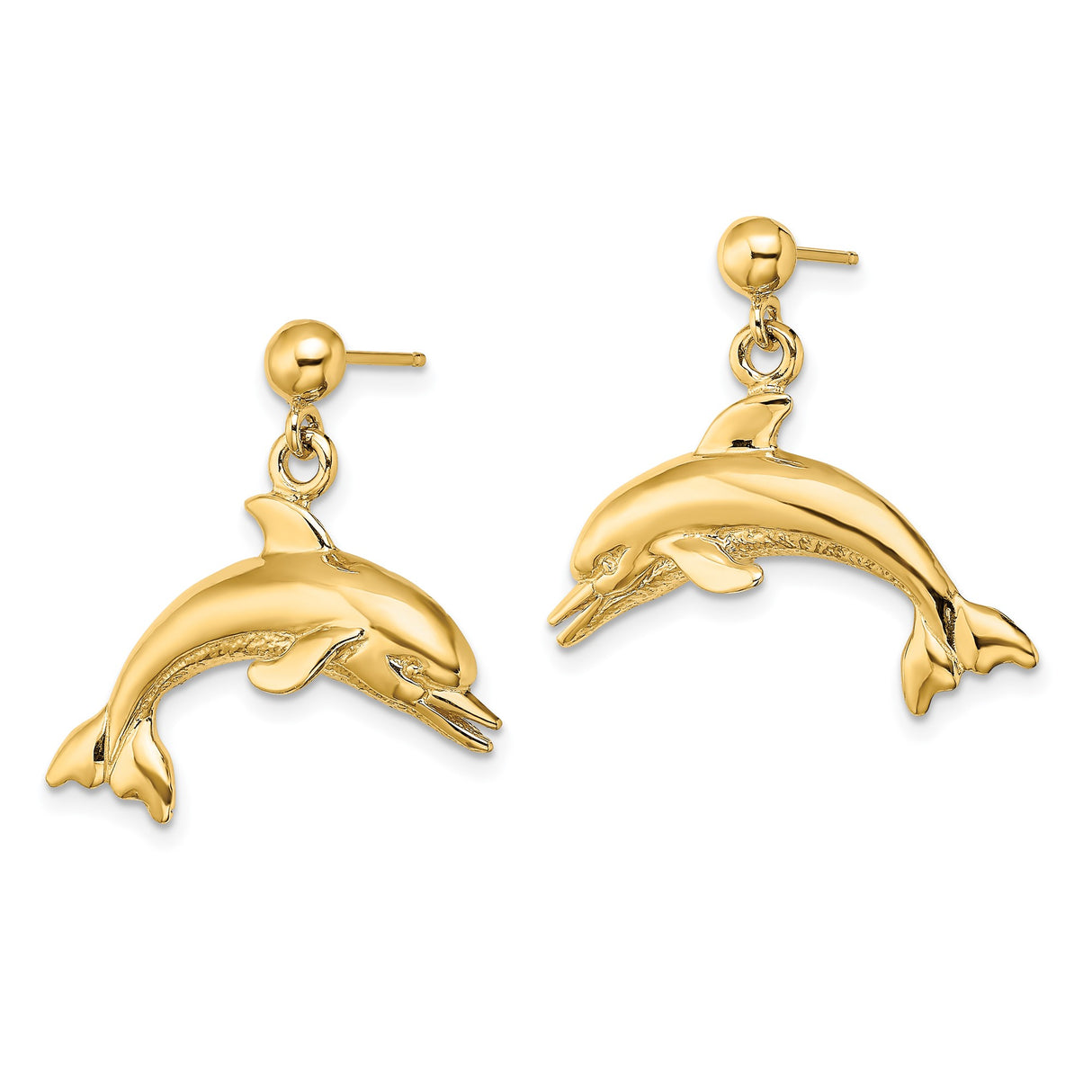 14k Yellow Gold Dolphin Dangle Earrings with Polished Leaping Dolphin Design, Ocean Theme