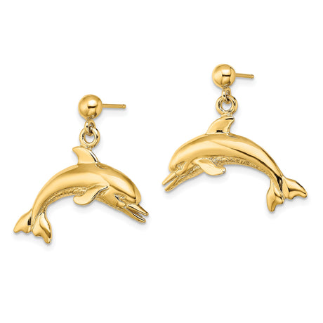 14k Yellow Gold Dolphin Dangle Earrings with Polished Leaping Dolphin Design, Ocean Theme