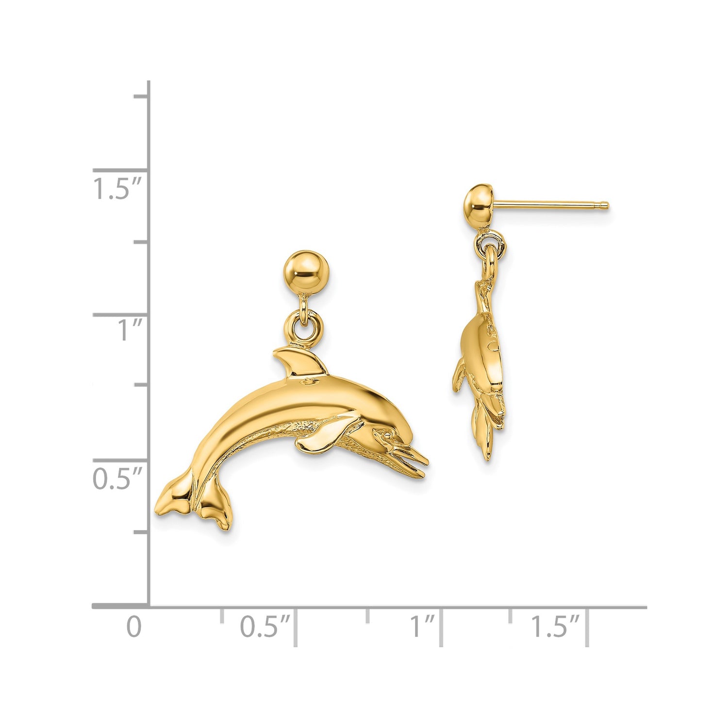 14k Yellow Gold Dolphin Dangle Earrings with Polished Leaping Dolphin Design, Ocean Theme