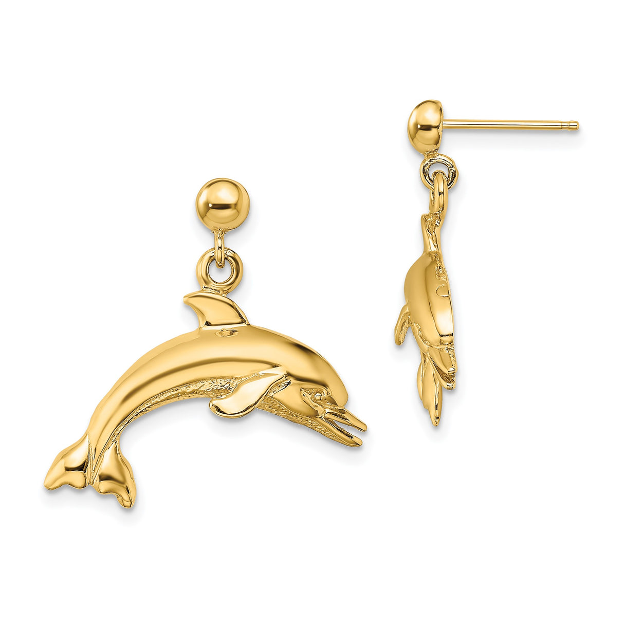 14k Yellow Gold Dolphin Dangle Earrings with Polished Leaping Dolphin Design, Ocean Theme