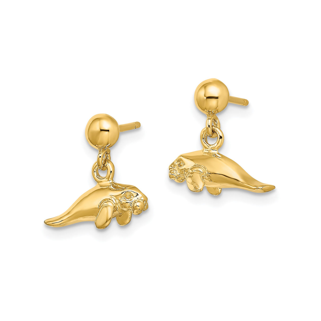 14k Yellow Gold Manatee Dangle Earrings, Detailed Marine Animal Charms, Sea Life Design
