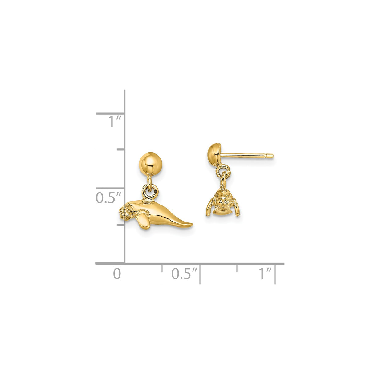 14k Yellow Gold Manatee Dangle Earrings, Detailed Marine Animal Charms, Sea Life Design