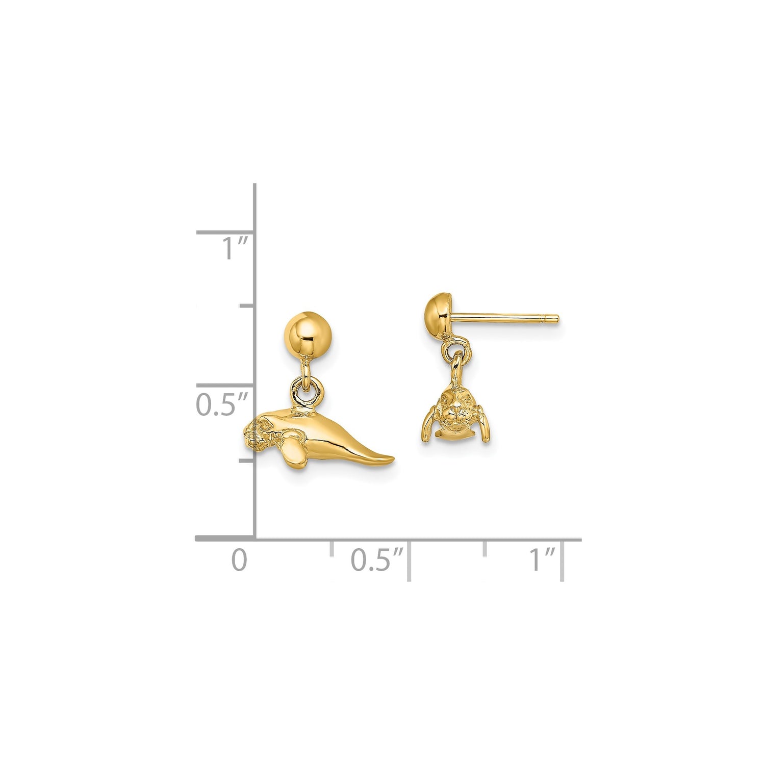 14k Yellow Gold Manatee Dangle Earrings, Detailed Marine Animal Charms, Sea Life Design