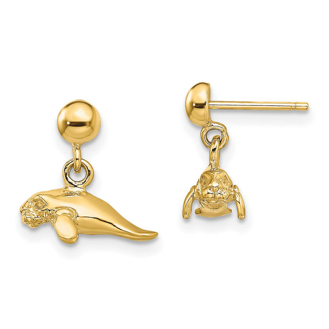 14k Yellow Gold Manatee Dangle Earrings, Detailed Marine Animal Charms, Sea Life Design