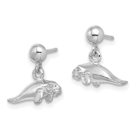 14k White Gold Manatee Dangle Stud Earrings, Marine Life Ocean Animal Design