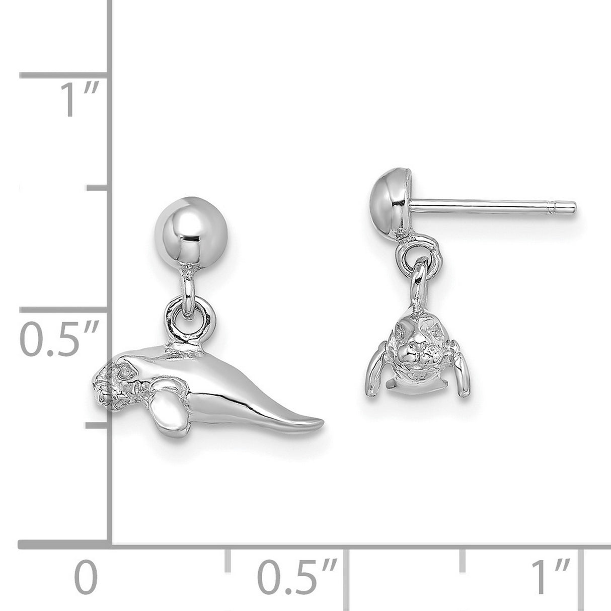 14k White Gold Manatee Dangle Stud Earrings, Marine Life Ocean Animal Design