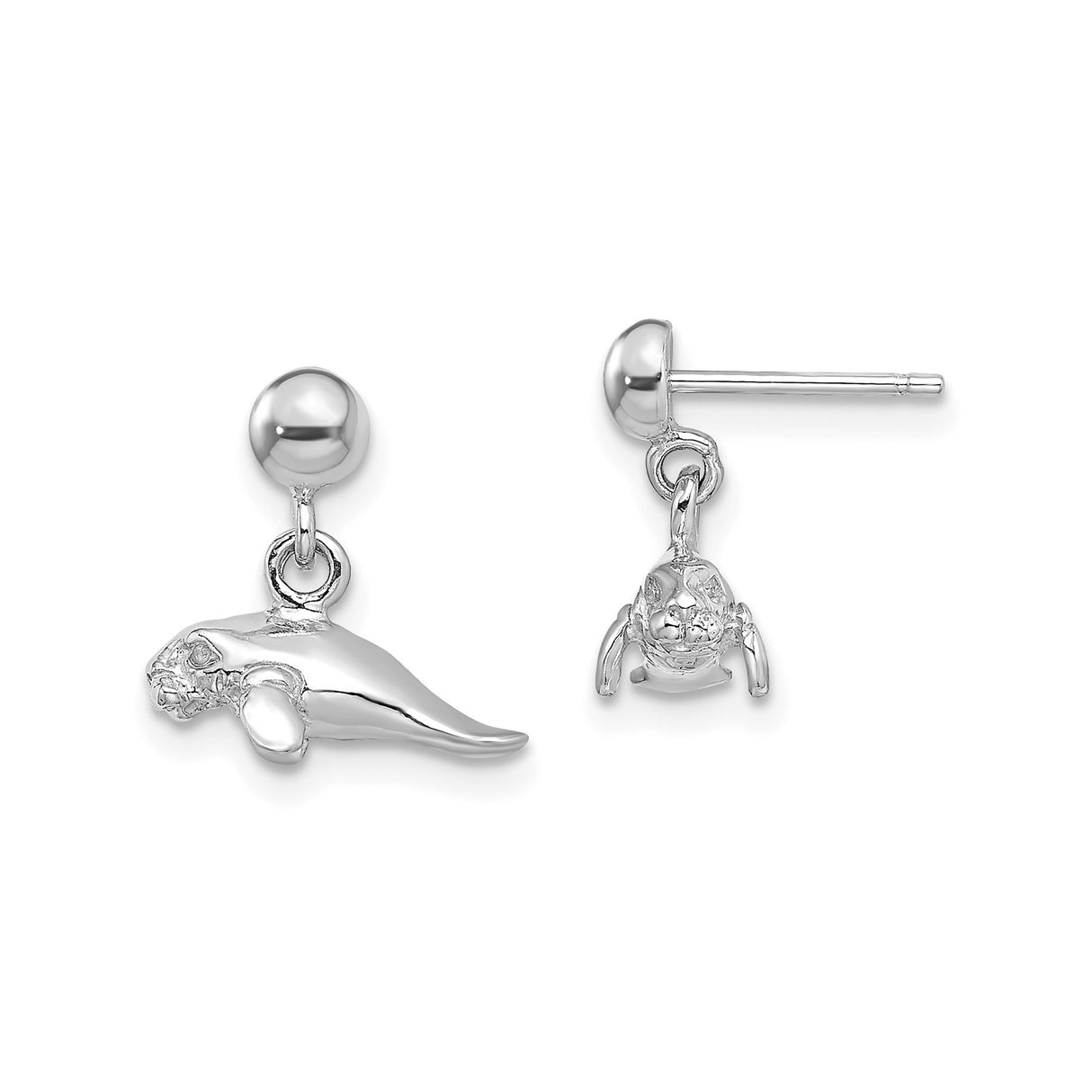 14k White Gold Manatee Dangle Stud Earrings, Marine Life Ocean Animal Design