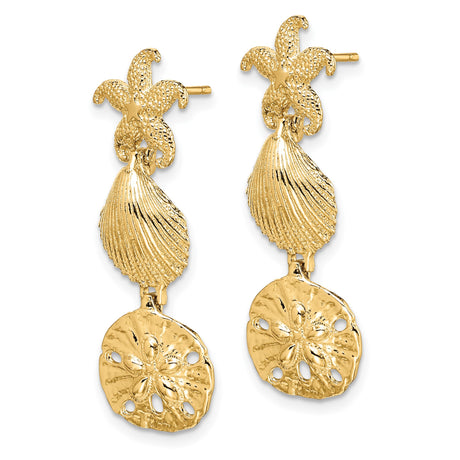 14k Yellow Gold Dangle Earrings with Starfish, Shell, and Sand Dollar Charms, Ocean Theme