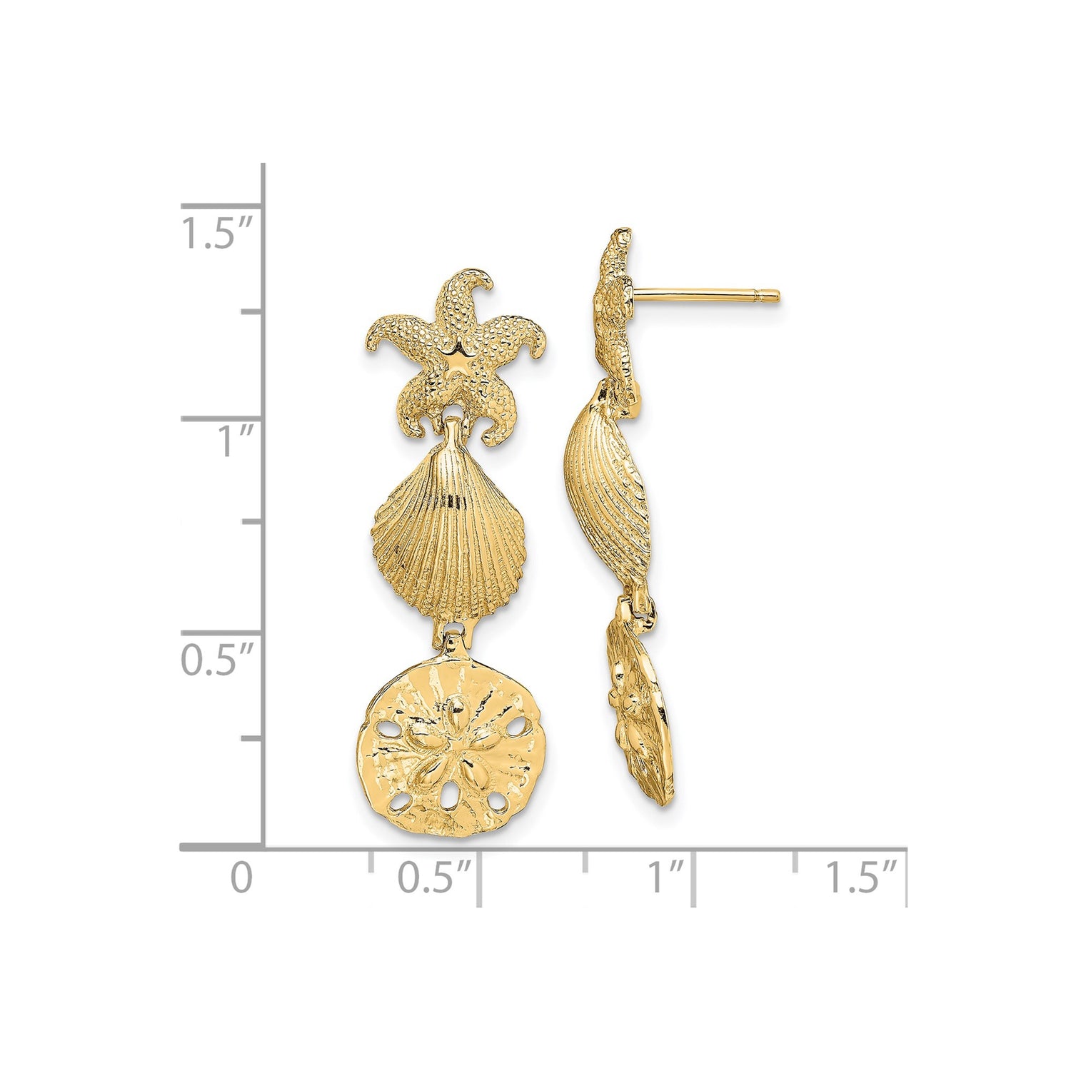 14k Yellow Gold Dangle Earrings with Starfish, Shell, and Sand Dollar Charms, Ocean Theme
