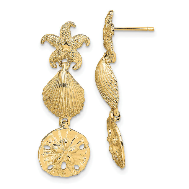 14k Yellow Gold Dangle Earrings with Starfish, Shell, and Sand Dollar Charms, Ocean Theme