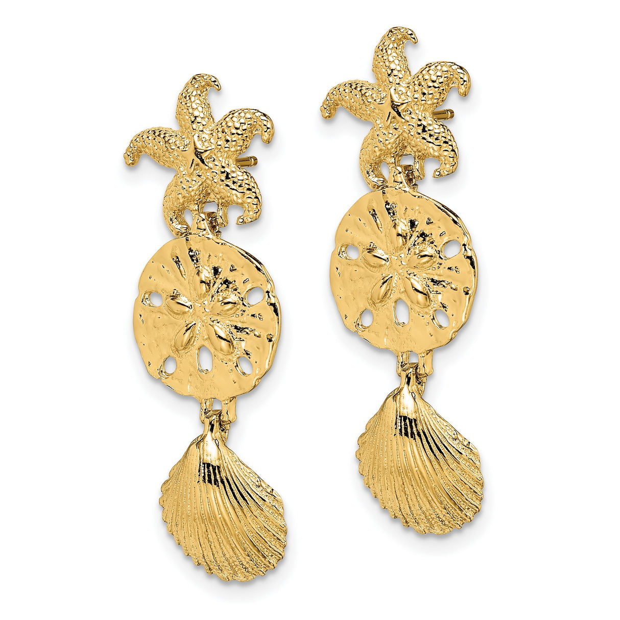 14k Yellow Gold Dangle Earrings, Starfish, Sand Dollar, and Seashell Ocean Theme
