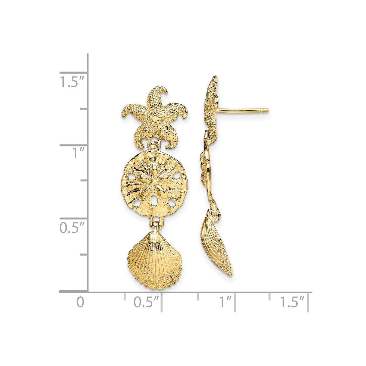 14k Yellow Gold Dangle Earrings, Starfish, Sand Dollar, and Seashell Ocean Theme