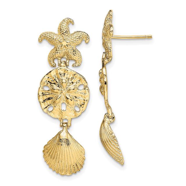 14k Yellow Gold Dangle Earrings, Starfish, Sand Dollar, and Seashell Ocean Theme