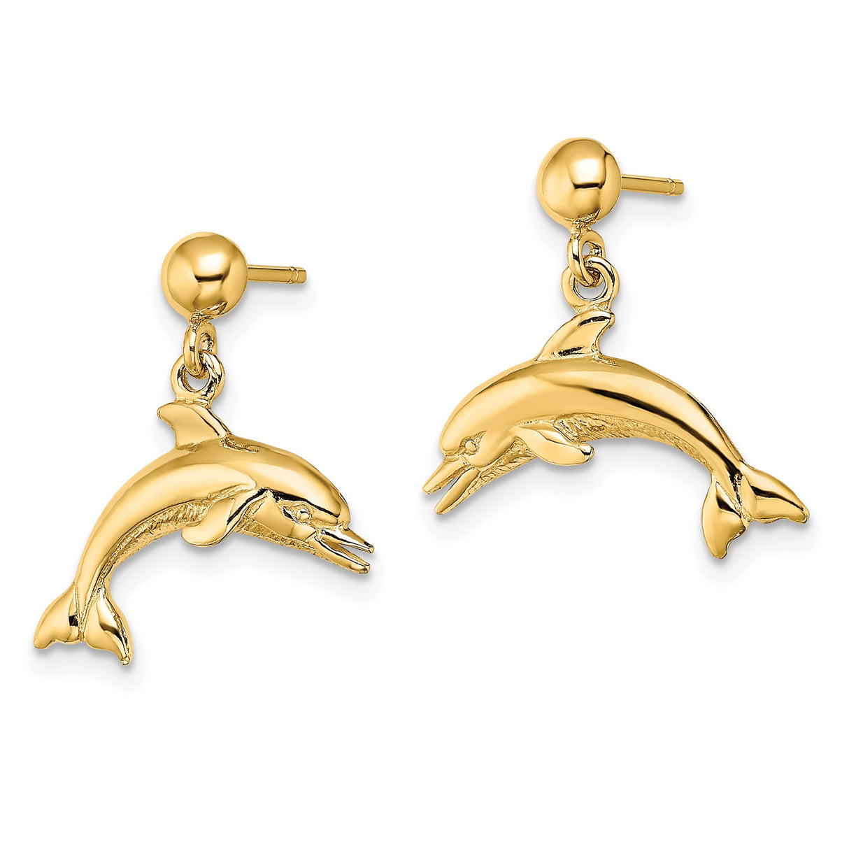 14k Yellow Gold Dolphin Dangle Earrings, Jumping Dolphin Ocean Theme Jewelry for Women