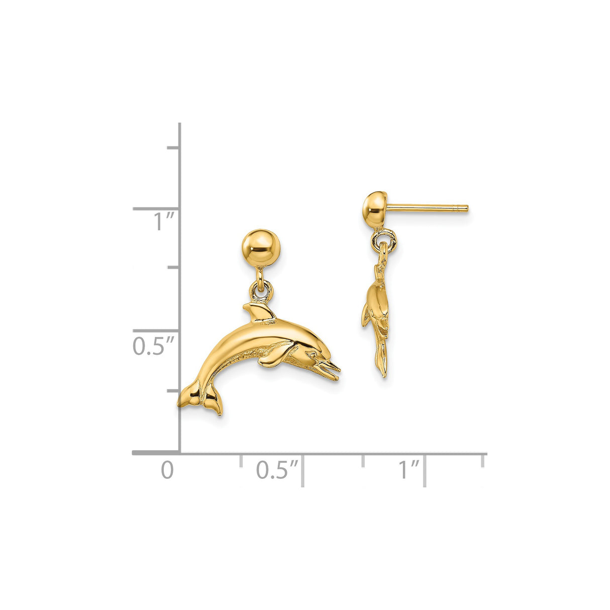 14k Yellow Gold Dolphin Dangle Earrings, Jumping Dolphin Ocean Theme Jewelry for Women