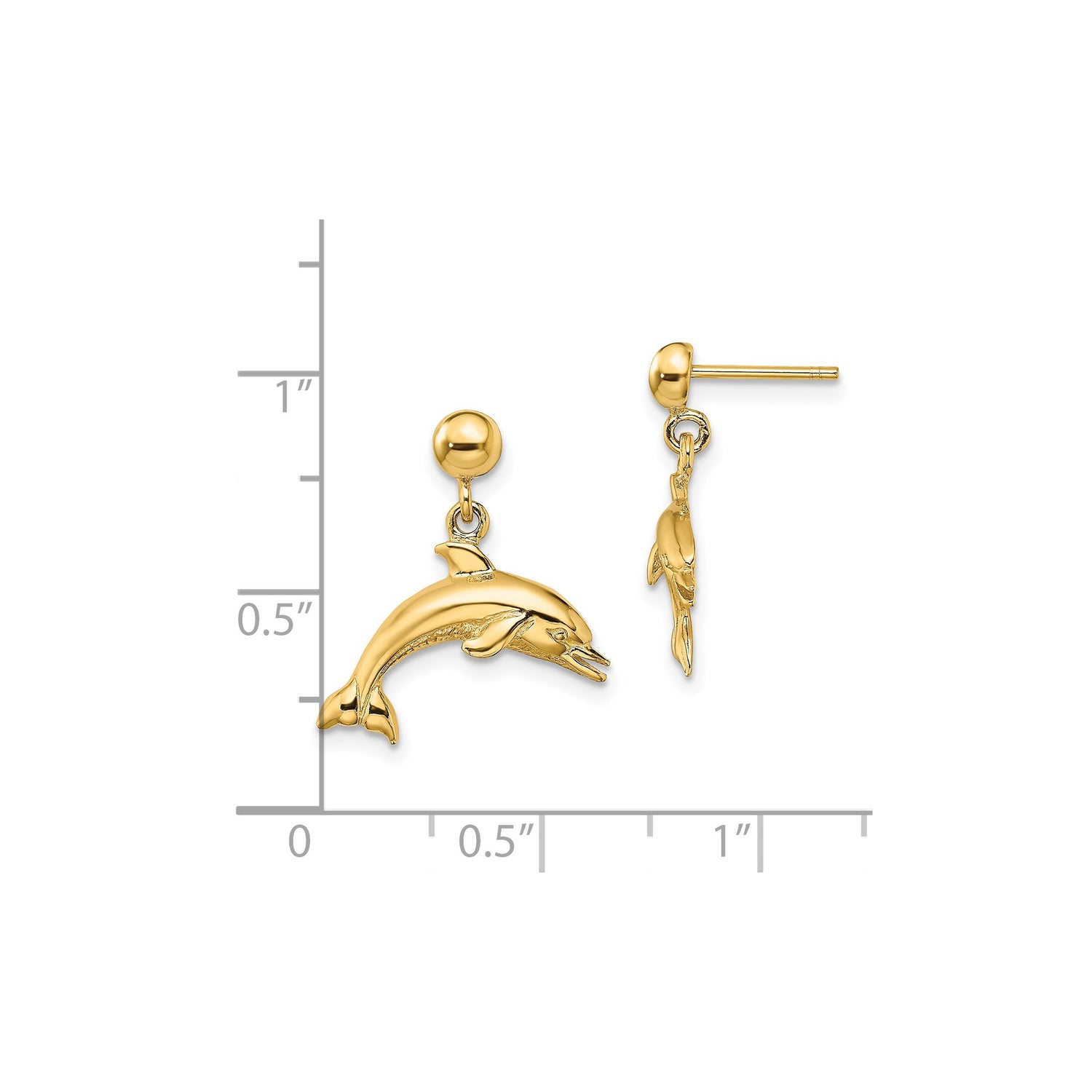 14k Yellow Gold Dolphin Dangle Earrings, Jumping Dolphin Ocean Theme Jewelry for Women