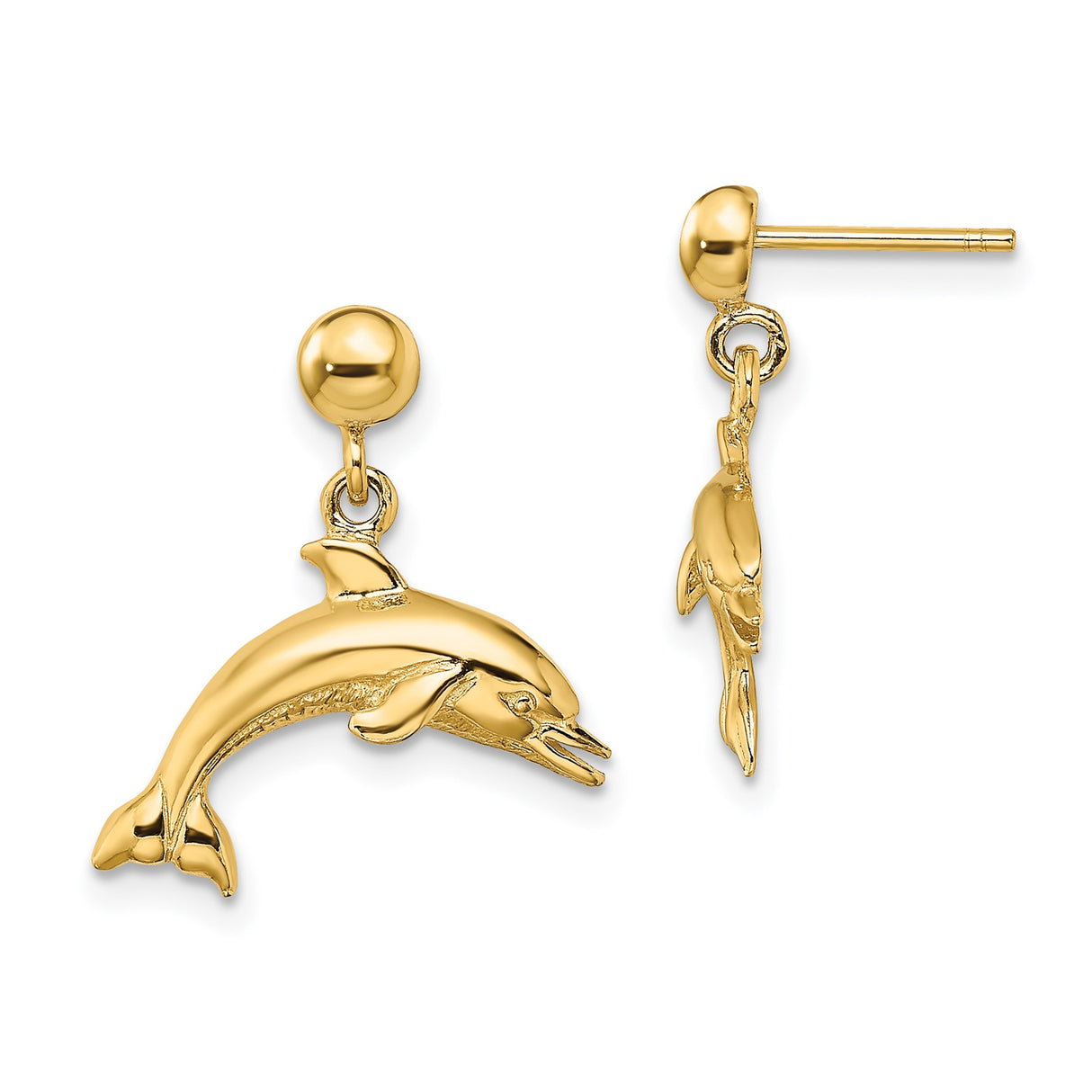 14k Yellow Gold Dolphin Dangle Earrings, Jumping Dolphin Ocean Theme Jewelry for Women