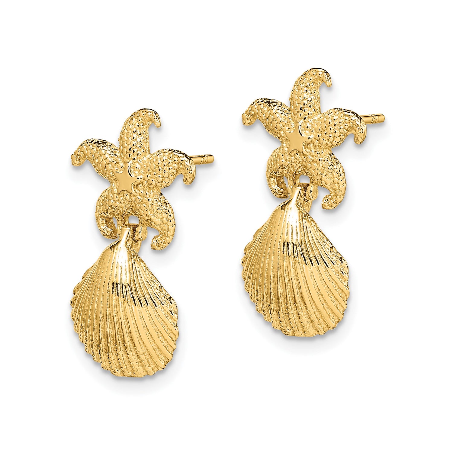 14k Yellow Gold Dangle Earrings with Starfish and Scallop Shell, Ocean-Inspired Beach Style