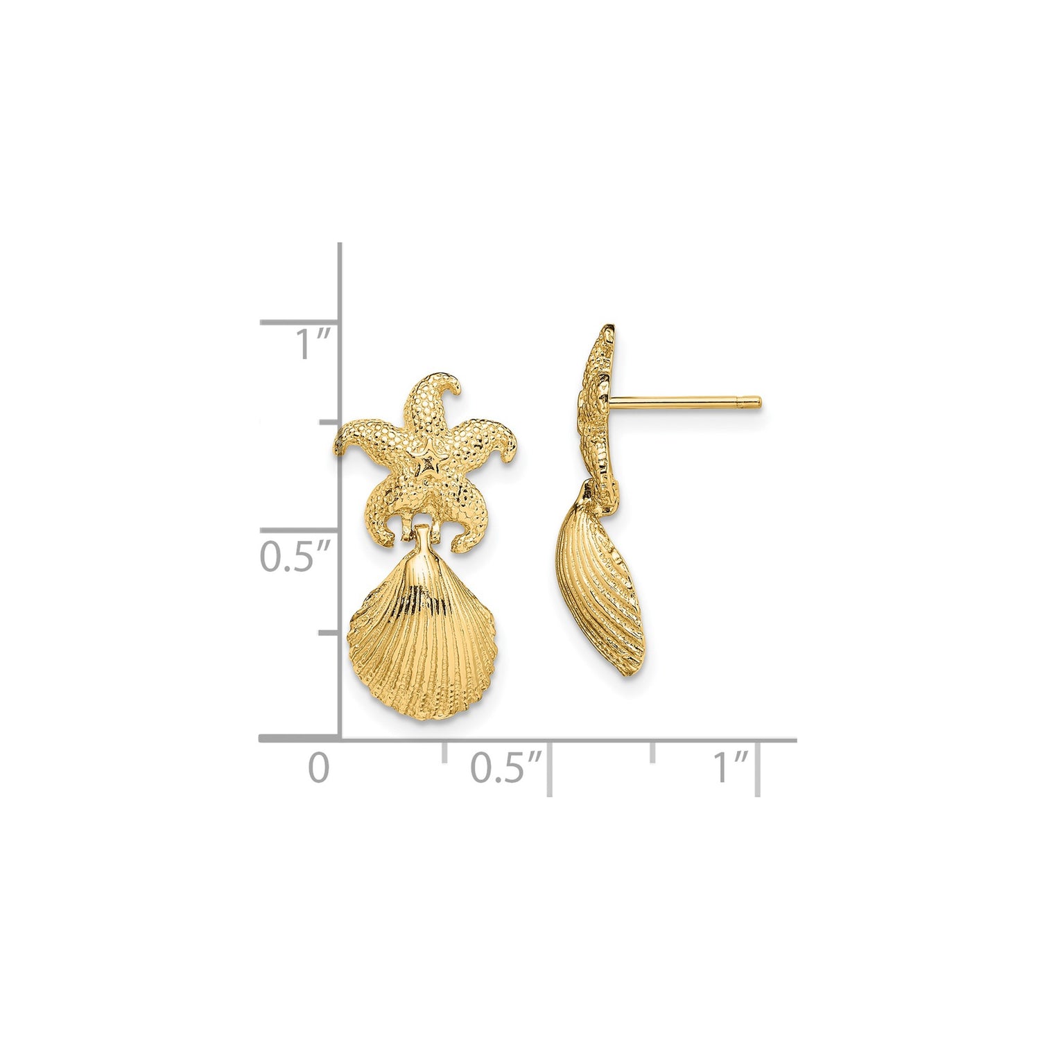 14k Yellow Gold Dangle Earrings with Starfish and Scallop Shell, Ocean-Inspired Beach Style