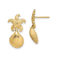 14k Yellow Gold Dangle Earrings with Starfish and Scallop Shell, Ocean-Inspired Beach Style