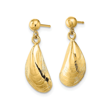 14k Yellow Gold Mussel Shell Drop Earrings, Ocean-Inspired Nautical Design for Women