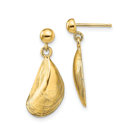 14k Yellow Gold Mussel Shell Drop Earrings, Ocean-Inspired Nautical Design for Women