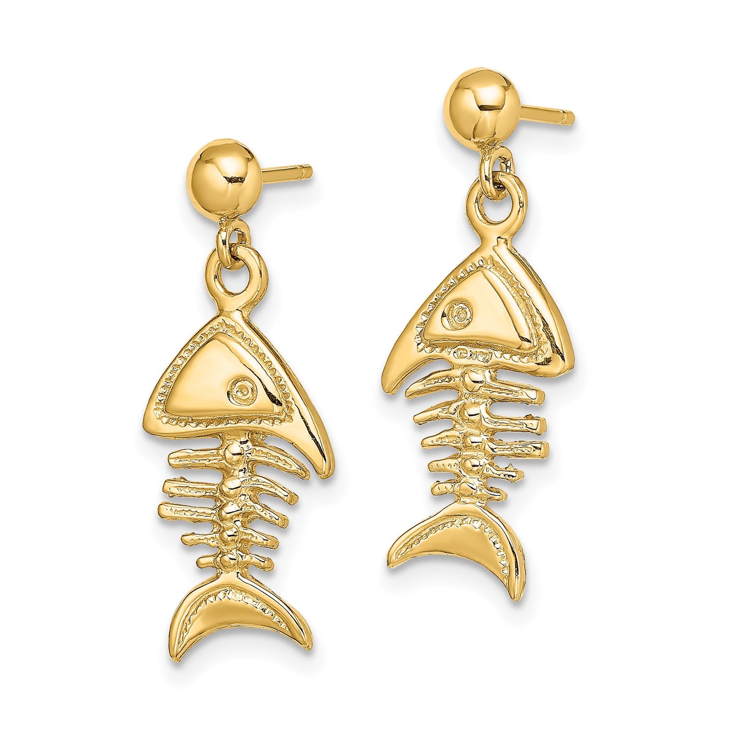 14k Yellow Gold Fishbone Dangle Earrings with Whimsical Skeleton Design