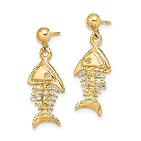 14k Yellow Gold Fishbone Dangle Earrings with Whimsical Skeleton Design