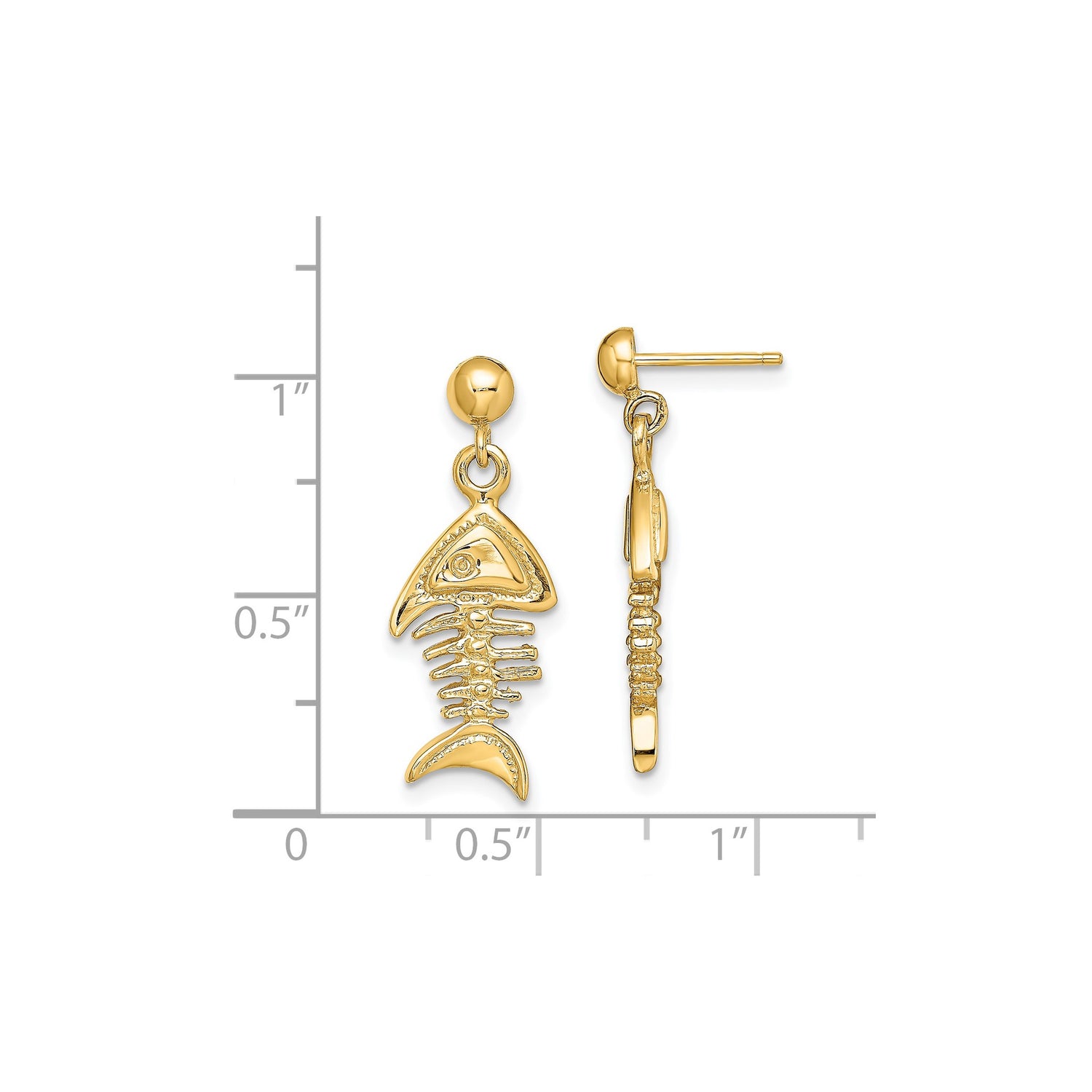 14k Yellow Gold Fishbone Dangle Earrings with Whimsical Skeleton Design