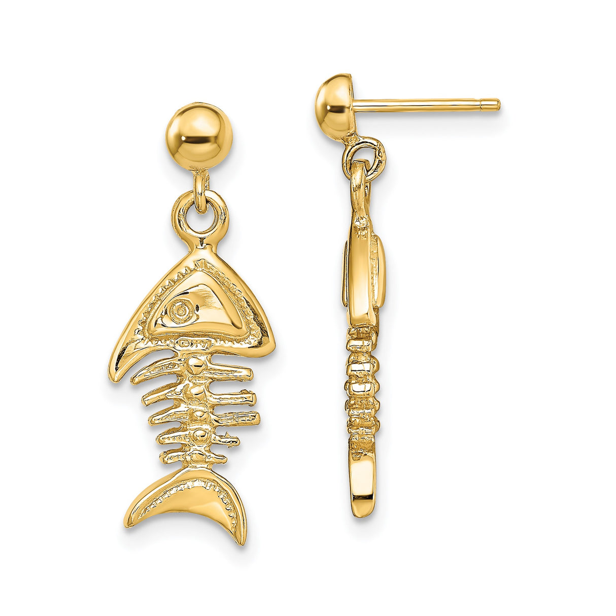 14k Yellow Gold Fishbone Dangle Earrings with Whimsical Skeleton Design